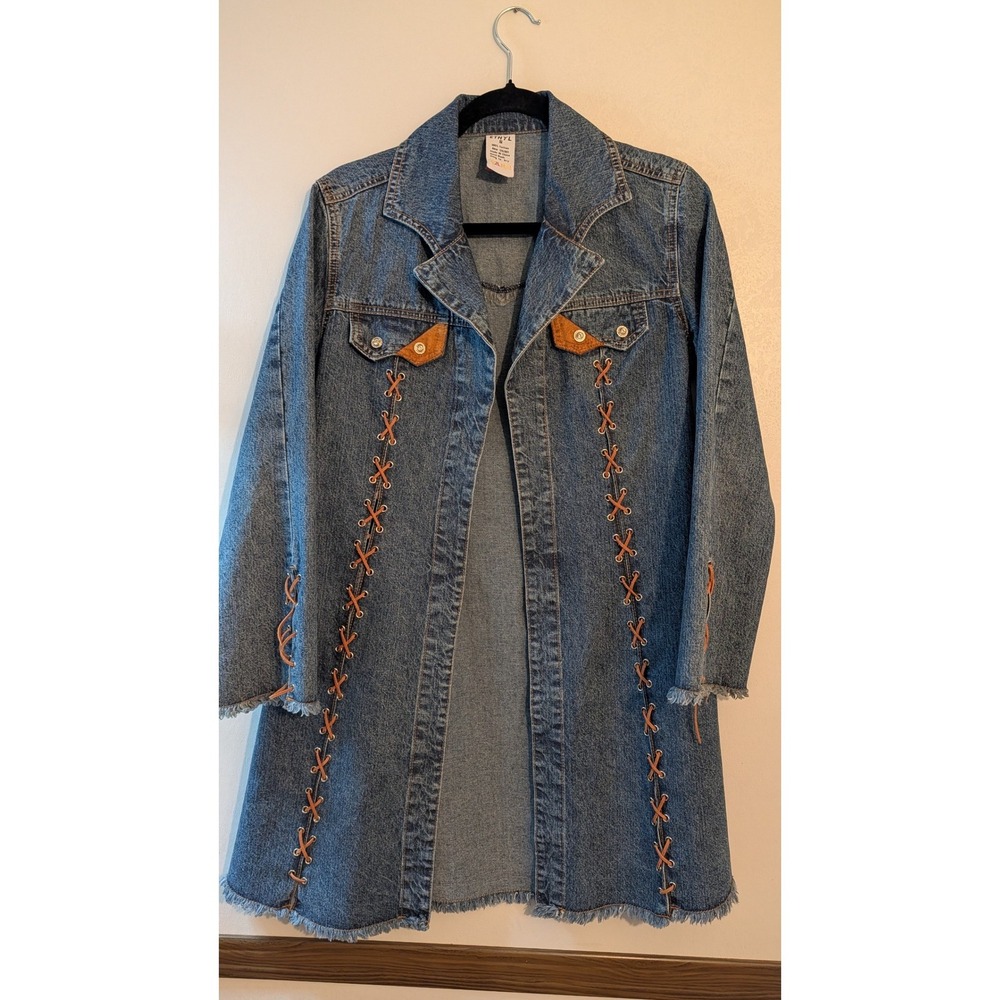 Ethyl Womens Medium Wash Denim Lace Up Longline Western Duster Jacket Small